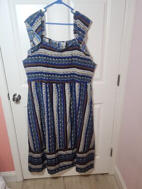 Blue Patterned Maxi Dress with Ruffle Straps